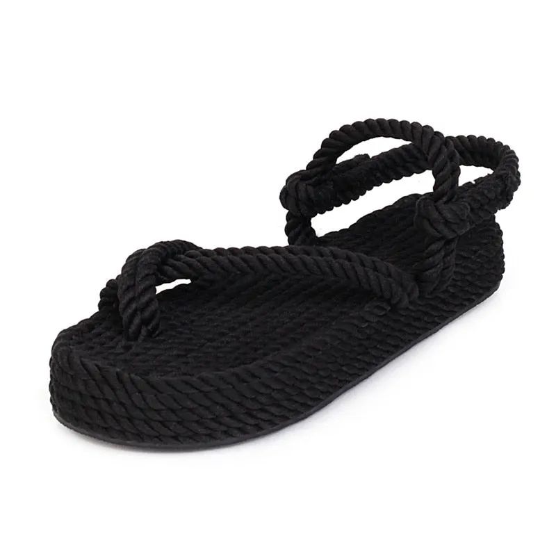 Amozae-  Hot Summer Women Flat Sandals Casual Rope Female Wedge Beach Shoes Woman Comfortable Platform Sandals For Girls Black Beige