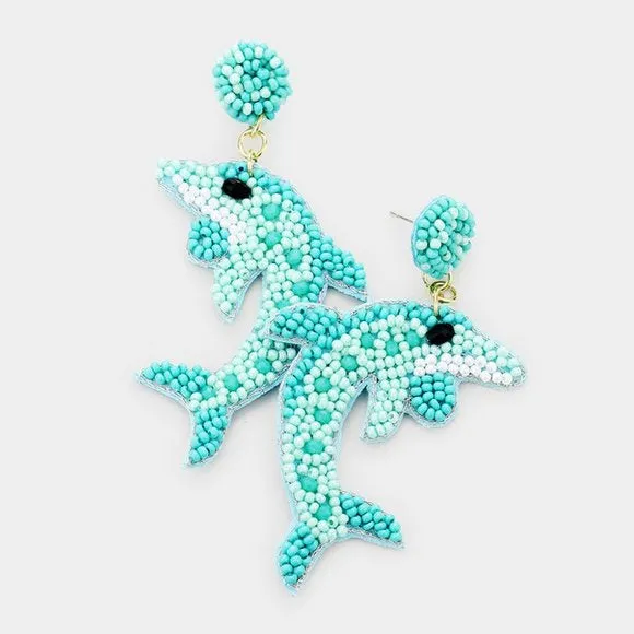 Beaded Earrings, Aqua Dolphins