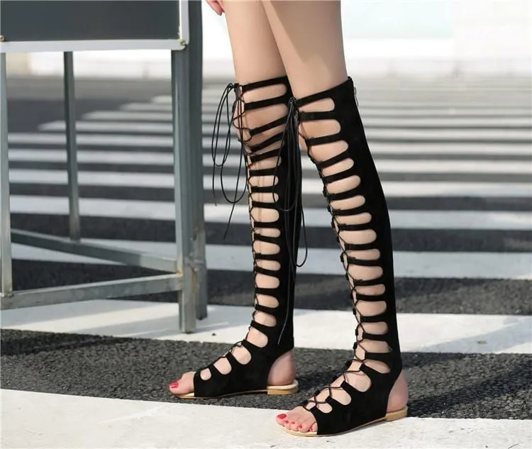 Black Suede High Lace Up Gladiator Sandals