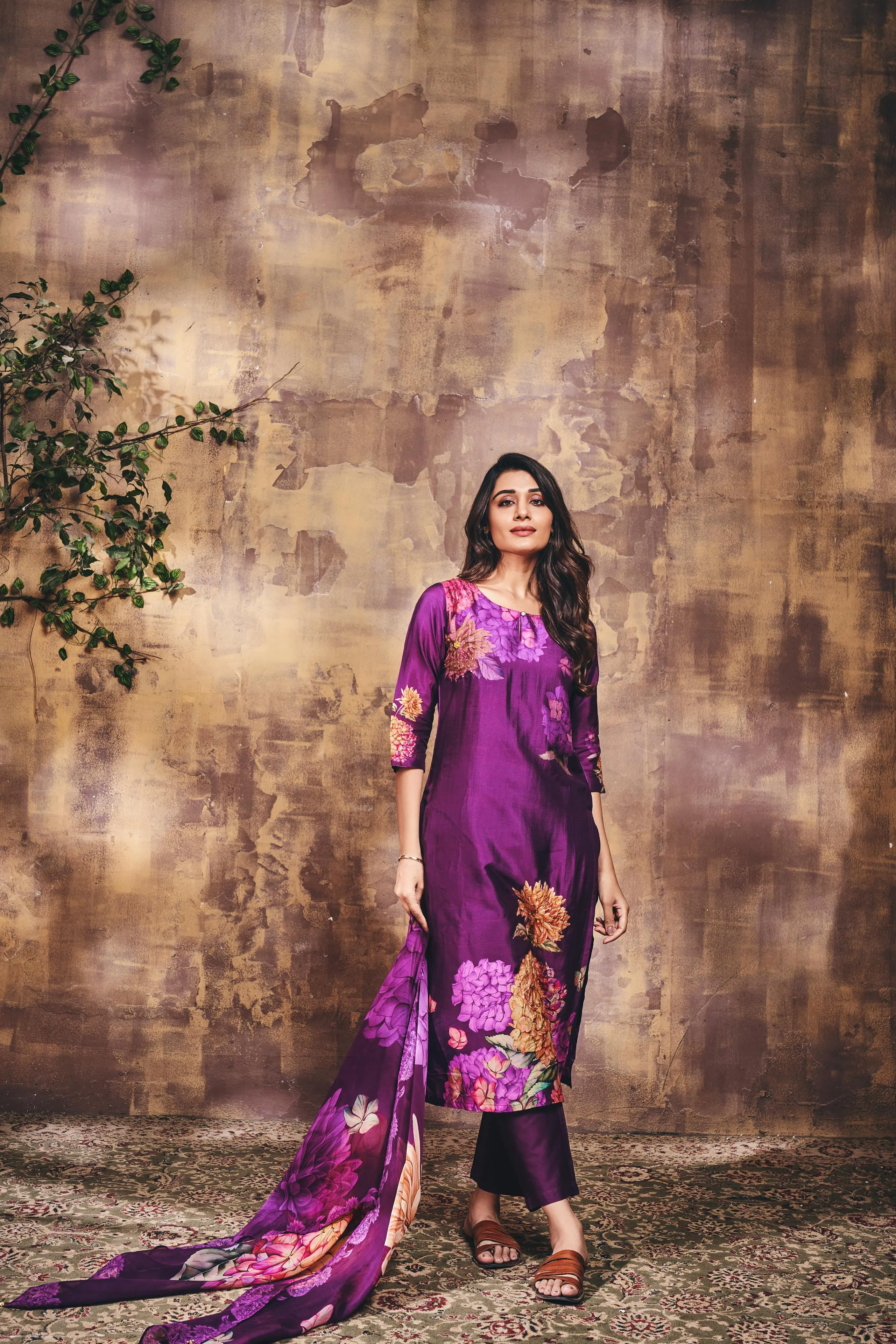 Bright Purple Floral Printed Muslin Silk Kurta Pants Set