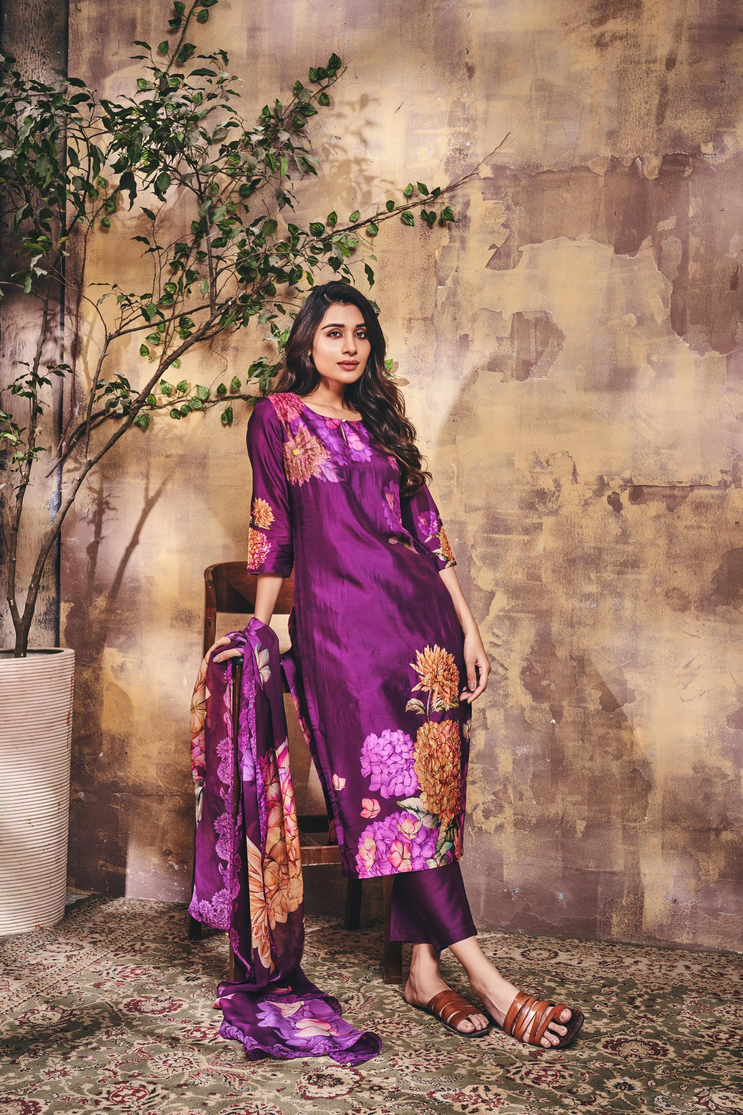 Bright Purple Floral Printed Muslin Silk Kurta Pants Set