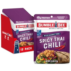 Bumble Bee Spicy Thai Chili Seasoned Tuna, 2.5 oz Pouches (Pack of 12) - Ready to Eat - Wild Caught Tuna Pouch - 15g Protein per Serving - Gluten Free