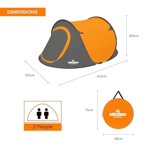 Milestone Camping 18819 Pop Up Tent/Sleeps 2 People/Water Resistant/Portable Carry Bag Included/Double Zipper Door / 100cm x 150cm x 245cm