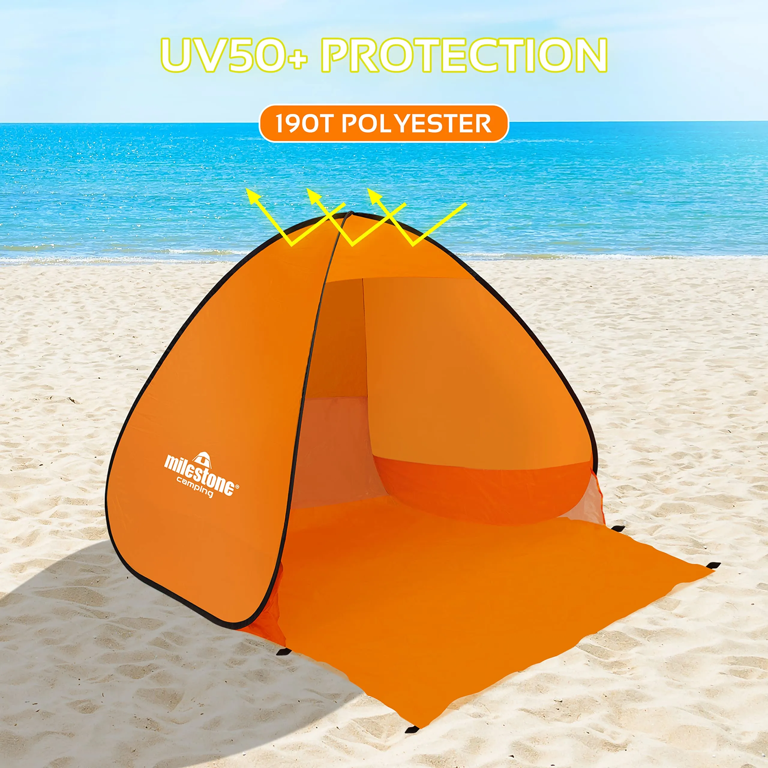 Milestone Camping 18889 Pop Up Beach Tent With Extendable Ground Sheet / UV50  Protection / Water Resistant / Portable Carry Bag Included / 2 Security Pockets / 110cm x 150cm x 165cm