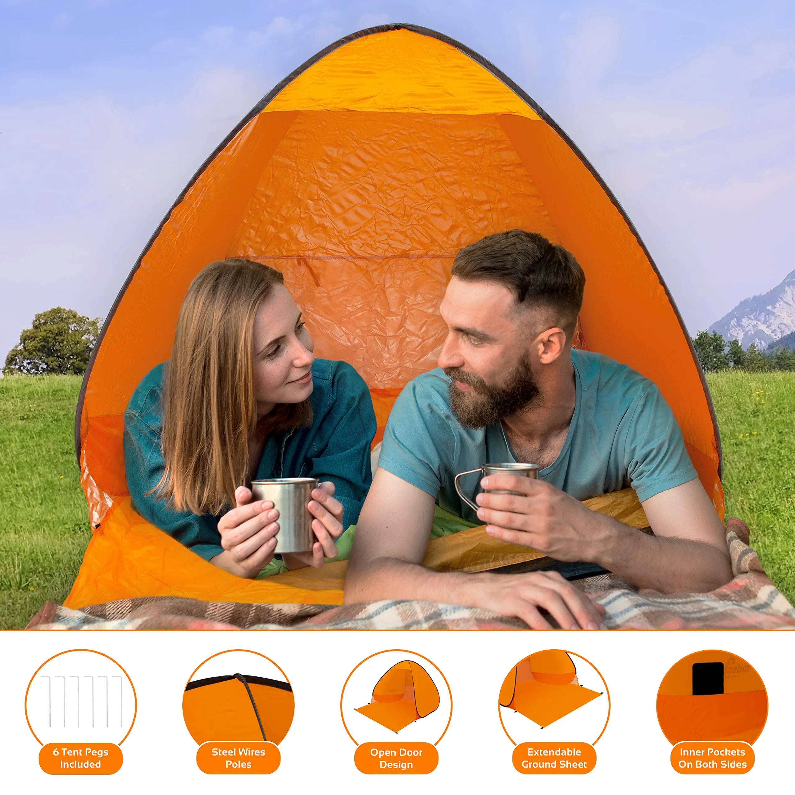 Milestone Camping 18889 Pop Up Beach Tent With Extendable Ground Sheet / UV50  Protection / Water Resistant / Portable Carry Bag Included / 2 Security Pockets / 110cm x 150cm x 165cm