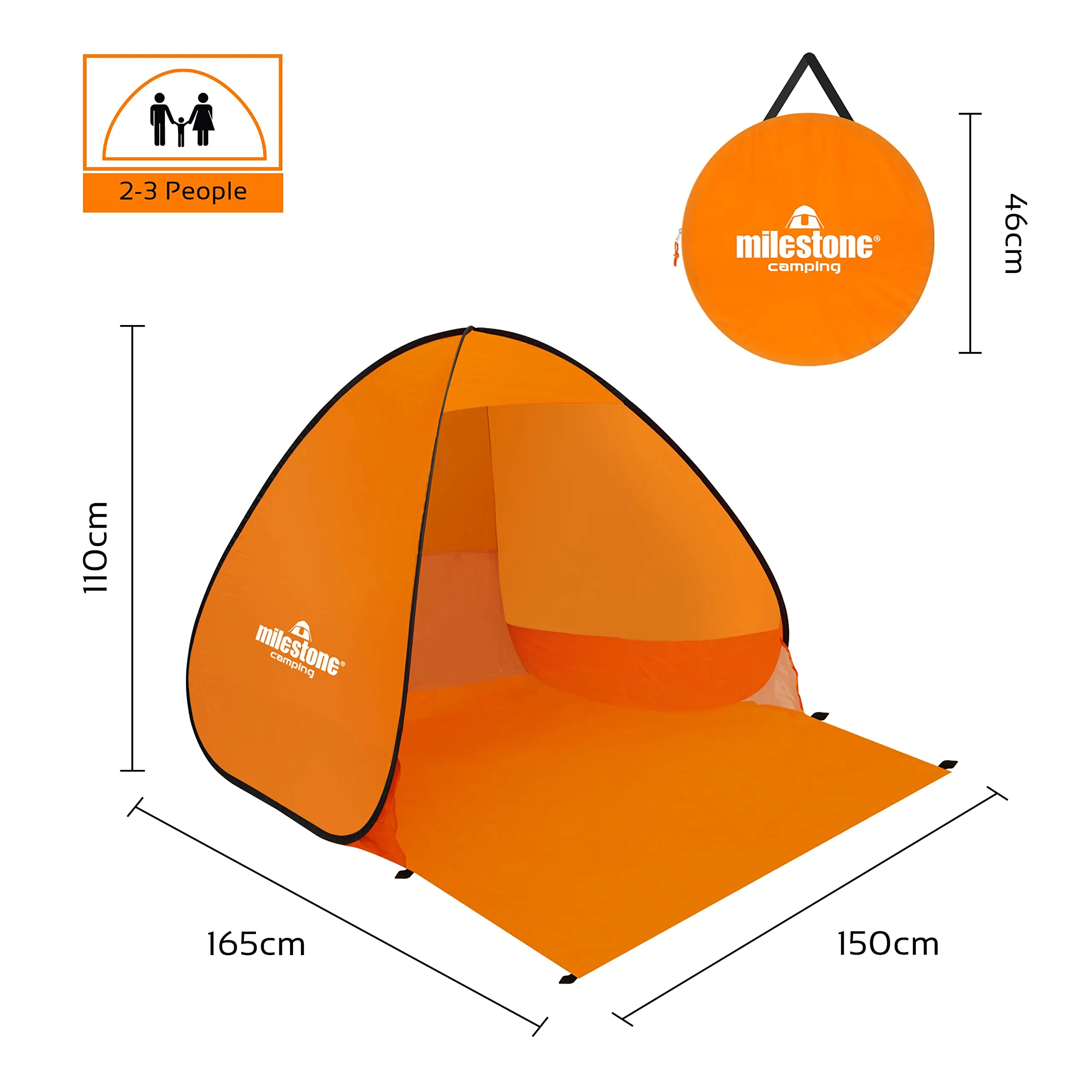 Milestone Camping 18889 Pop Up Beach Tent With Extendable Ground Sheet / UV50  Protection / Water Resistant / Portable Carry Bag Included / 2 Security Pockets / 110cm x 150cm x 165cm