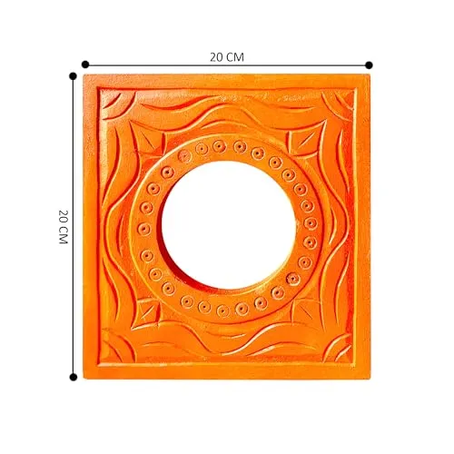 Noor Antique Designs Handcrafted Square Wooden Mirror Frame with Intricate Carving, Decorative Orange Wall Accent, 20 x 20 CM Perfect for Living Room, Bedroom