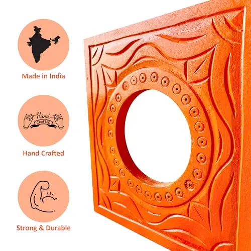 Noor Antique Designs Handcrafted Square Wooden Mirror Frame with Intricate Carving, Decorative Orange Wall Accent, 20 x 20 CM Perfect for Living Room, Bedroom