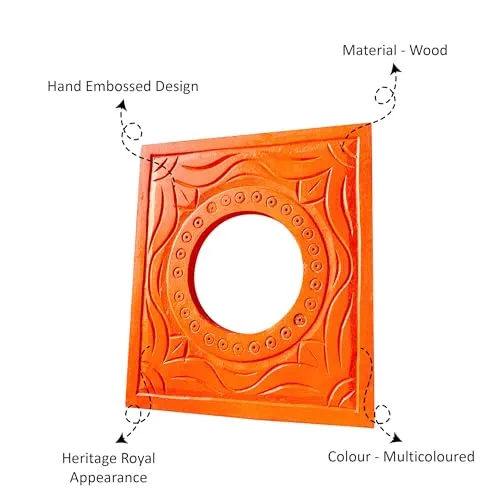 Noor Antique Designs Handcrafted Square Wooden Mirror Frame with Intricate Carving, Decorative Orange Wall Accent, 20 x 20 CM Perfect for Living Room, Bedroom