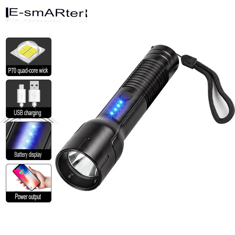 P70 strong light aluminum alloy electric display USB power bank output LED long-range flashlight outdoor strong light lighting