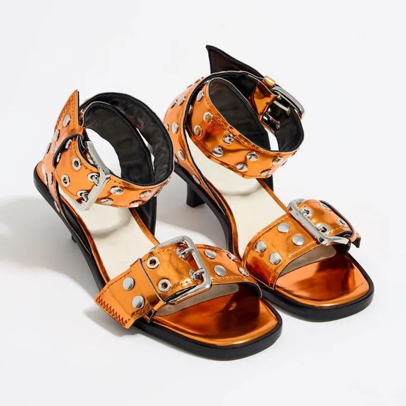 Pre Order:  Wide Rivet Strap Mid-Heel Sandals