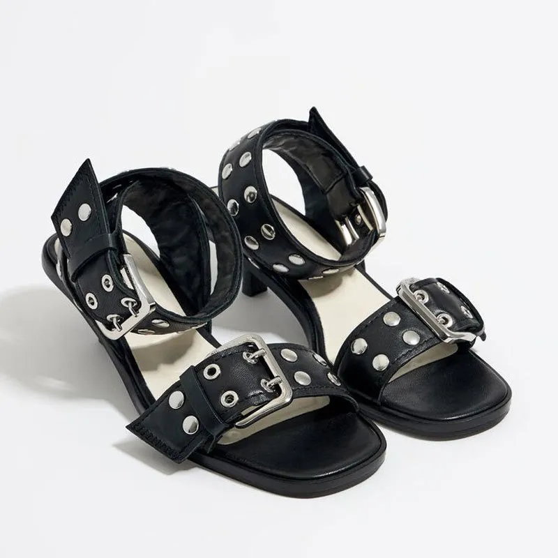 Pre Order:  Wide Rivet Strap Mid-Heel Sandals