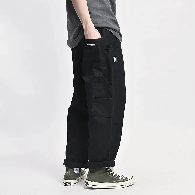 Safari Style Cargo Trousers Men Loose Straight Casual Baggy Pants