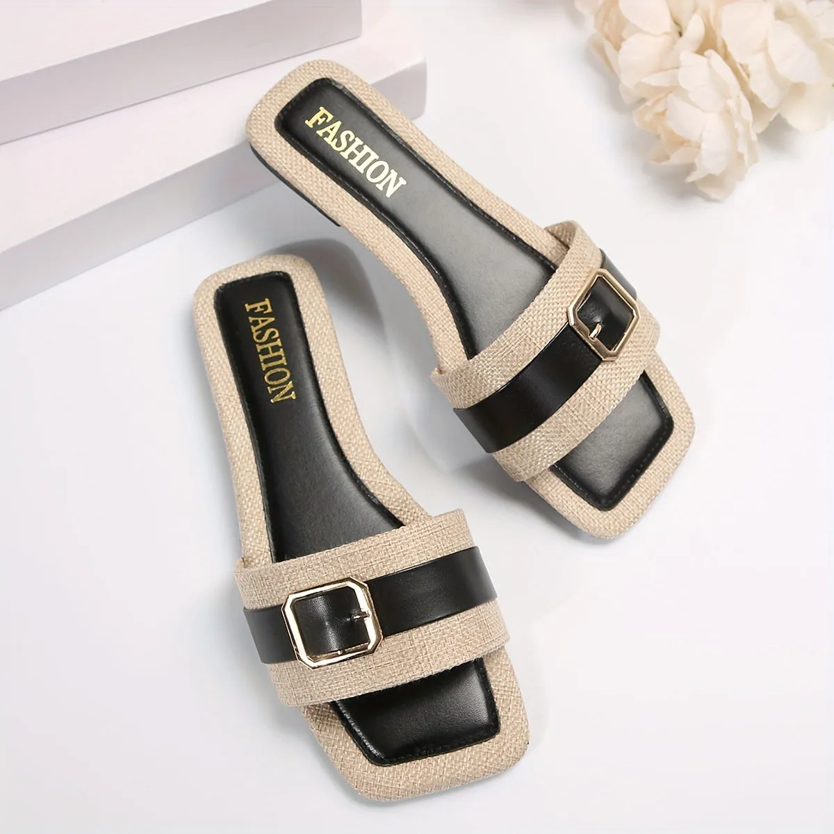 Stylish Womens Flat Slide Sandals - Slip-On, Graphic Pattern, Open Toe, Fabric Upper, Faux Leather Insole, Rubber Sole, Lightweight, Comfortable, Perfect for Casual Summer Outings