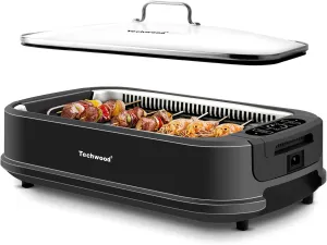 Techwood Indoor Smokeless Grill 1500W Electric Grill with Tempered Glass Lid, Compact & Portable Non-Stick BBQ Grill with Turbo Smoke Extractor Technology, LED Smart Control Panel, Black