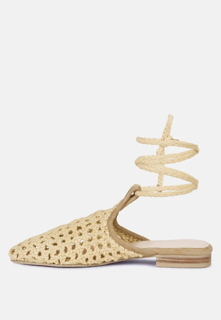 TUTSI Nude Handwoven Honeycomb Tie Up Flat Mules