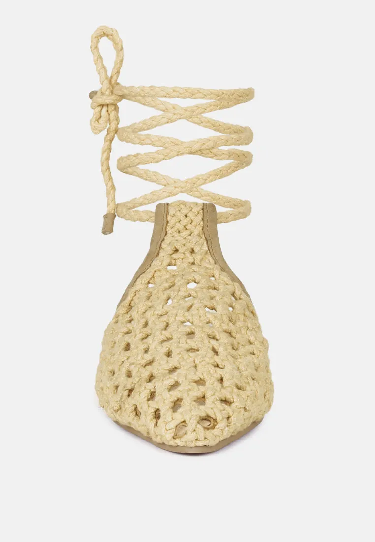 TUTSI Nude Handwoven Honeycomb Tie Up Flat Mules