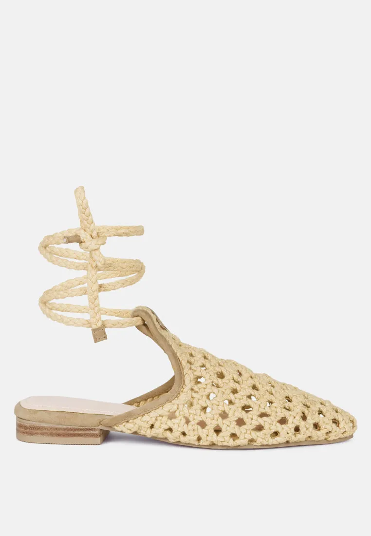 TUTSI Nude Handwoven Honeycomb Tie Up Flat Mules